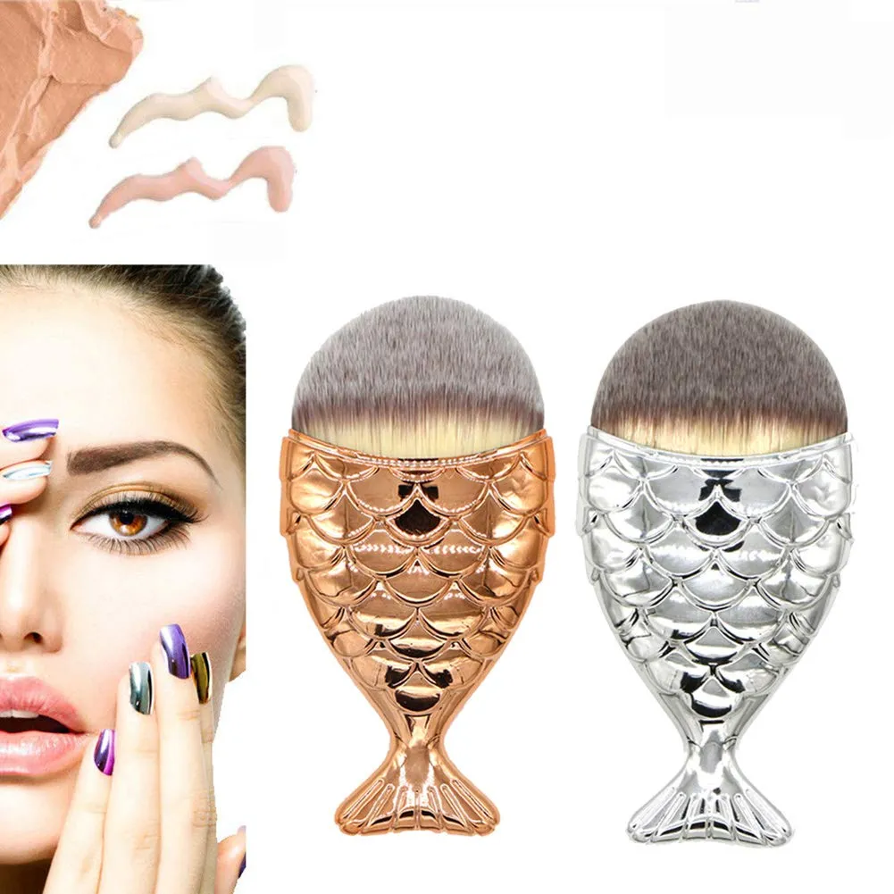 AKOAK 1 Pack Portable Mermaid Tail Makeup Brush, Exquisite Fishtail Shape Foundation Brush, Blush Brush, Beauty Makeup Tool (Silver) silver