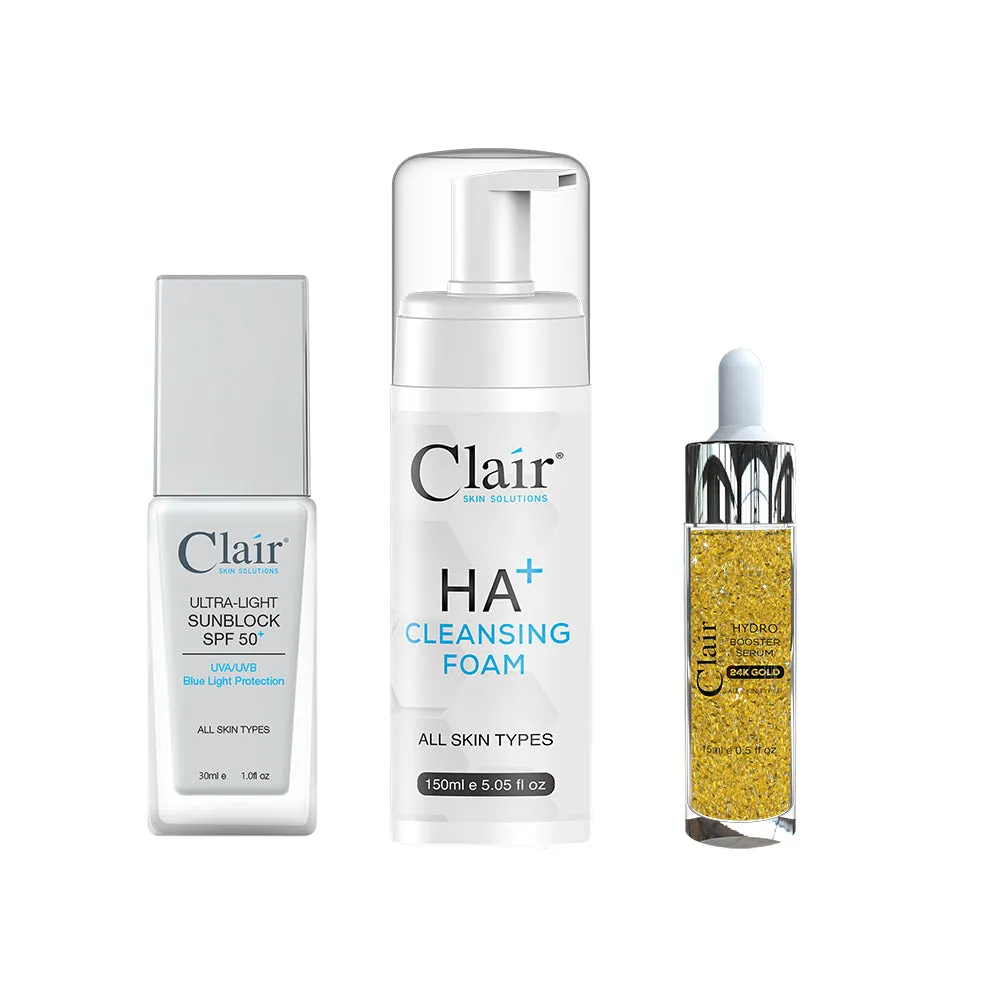 Clair® Skin Solutions Ultra-Light Sunblock Spf 50  30ml & HA  Cleansing Foam 150ml   FREE Hydro  Booster Serum 15ml
