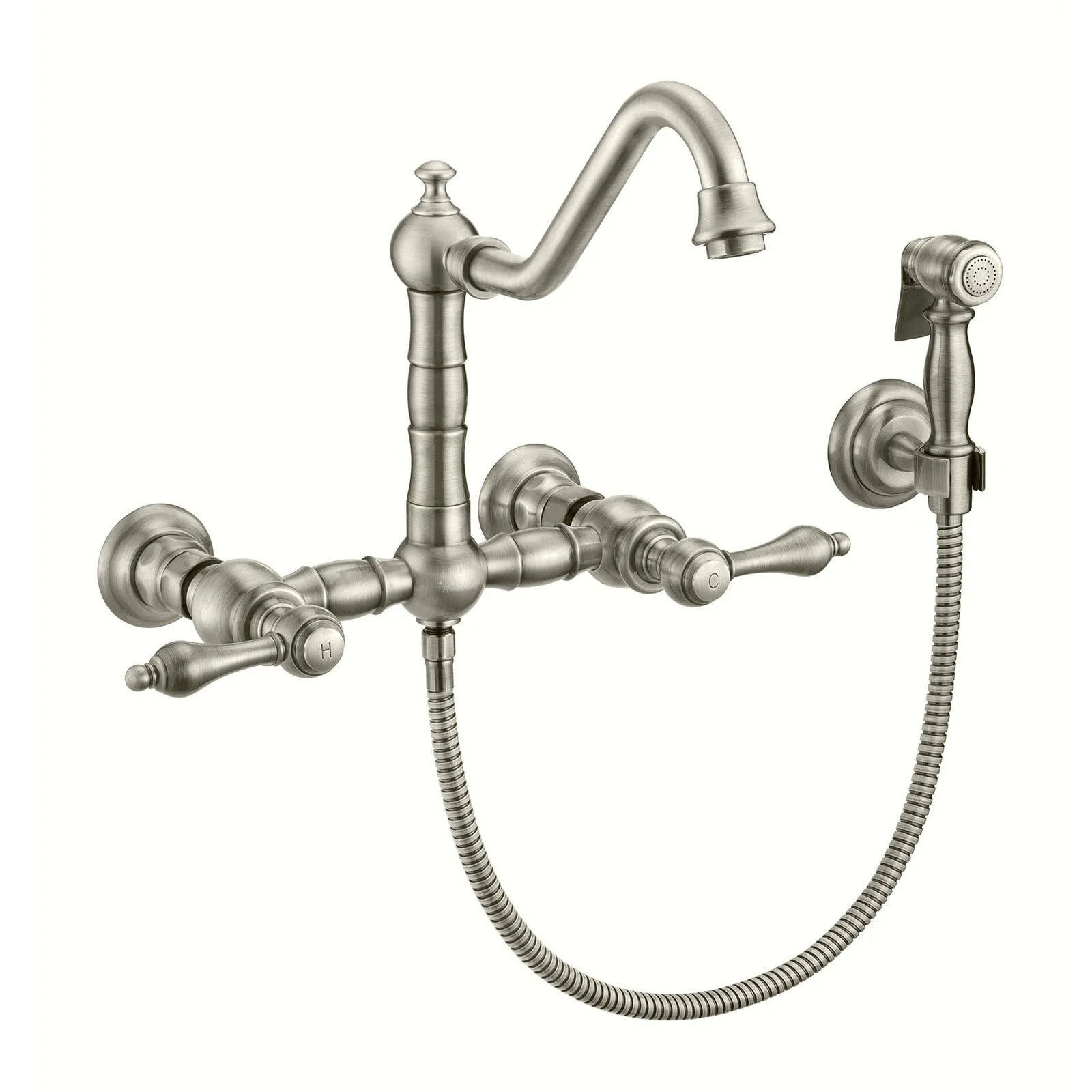 Whitehaus WHKWLV3-9402-NT-BN Vintage III Plus Wall Mount Faucet with a Swivel Spout and Side Spray